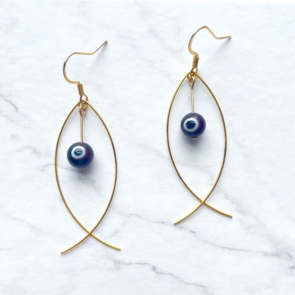 Gold Fish Earrings with Black Evil Eye Worry Bead